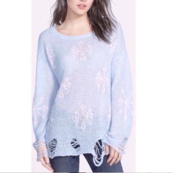 WILDFOX Wool Blend Pastel Blue Distressed White Snowflake Sweater - Picture 4 of 13